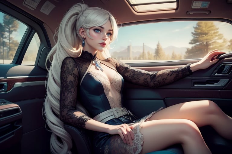  masterpiece,best quality, highly detailed, weiss schnee,1girl,solo,scar across eye,  cowboy shot, sitting like a lady in limousine, (volumetric lighting), intricate details, tonemapping, sharp focus, hyper detailed poakl, 