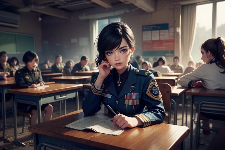 masterpiece,best quality, highly detailed, weiss schnee, scar across eye, long white hair, side ponytail, cowboy shot, ((she is wearing a military uniform, sitting next to female officer with short black hair)), sitting on chairs in collapsed school building, classroom, desks, bonfire, rubble, other officers present, crowd, post-apocalypse, dystopian future, (volumetric lighting), intricate details, tonemapping, sharp focus, hyper detailed poakl,