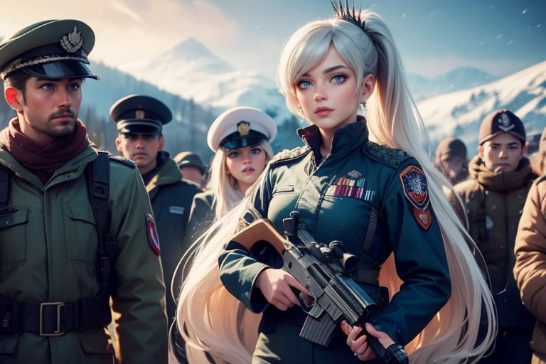 masterpiece,best quality, highly detailed, weiss schnee, scar across eye, long white hair, side ponytail, cowboy shot, she is armed and  wearing a military uniform, standing with black haired female officer on snow covered mountain slope, near ski lodge, other military officers are present, crowd, (volumetric lighting), intricate details, tonemapping, sharp focus, hyper detailed poakl,