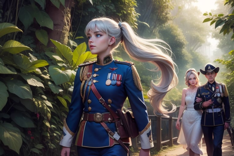  masterpiece,best quality, highly detailed, weiss schnee, scar across eye, long white hair, side ponytail, cowboy shot, she is wearing a military uniform, walking with military officer in tropical rainforest, lush vegitation, disused building,  other military officers are present with weapons (volumetric lighting), intricate details, tonemapping, sharp focus, hyper detailed poakl, 