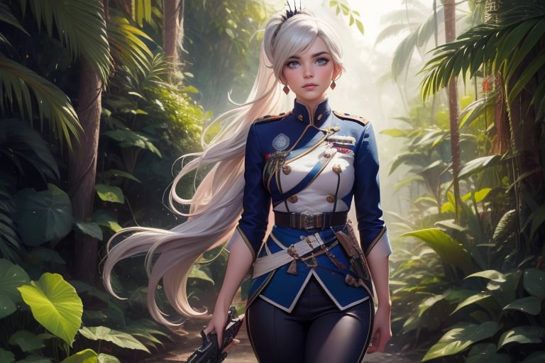  masterpiece,best quality, highly detailed, weiss schnee, scar across eye, long white hair, side ponytail, cowboy shot, she is wearing a military uniform, walking in tropical rainforest, lush vegitation, disused building,  other military officers are present with weapons (volumetric lighting), intricate details, tonemapping, sharp focus, hyper detailed poakl, 