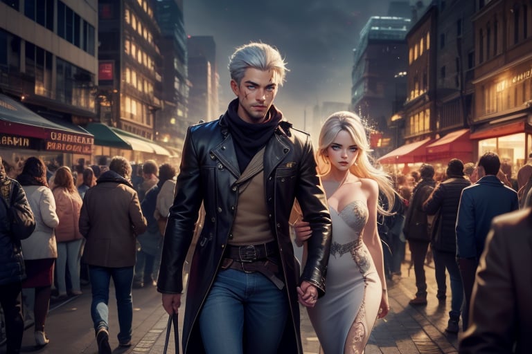  masterpiece,best quality, highly detailed, weiss schnee,1girl,solo,scar across eye,  cowboy shot, walking with female companion in cityscape, crowd, (volumetric lighting), intricate details, tonemapping, sharp focus, hyper detailed poakl, 