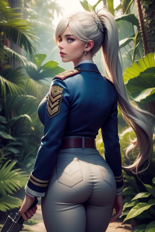  masterpiece,best quality, highly detailed, weiss schnee, scar across eye, long white hair, side ponytail, viewer looking from behind, cowboy shot, she is wearing a military uniform, walking with military officer in tropical rainforest, lush vegitation, disused building,  other military officers are present with weapons (volumetric lighting), intricate details, tonemapping, sharp focus, hyper detailed poakl, 