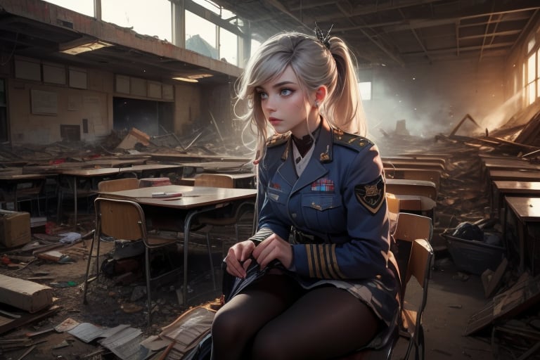 masterpiece,best quality, highly detailed, weiss schnee, scar across eye, long white hair, side ponytail, cowboy shot, ((she is wearing a military uniform, sitting next to female officer)), sitting on chairs, looking at lecturer in collapsed school building, classroom, desks, bonfire, rubble, other officers present, crowd, post-apocalypse, dystopian future, (volumetric lighting), intricate details, tonemapping, sharp focus, hyper detailed poakl,