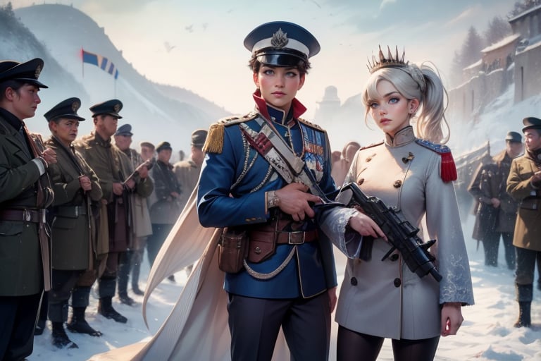 masterpiece,best quality, highly detailed, weiss schnee, scar across eye, long white hair, side ponytail, cowboy shot, she is armed and  wearing a military uniform, next to female officer who has short black hair, standing on snow covered great wall of china, other military officers are present, crowd, (volumetric lighting), intricate details, tonemapping, sharp focus, hyper detailed poakl,