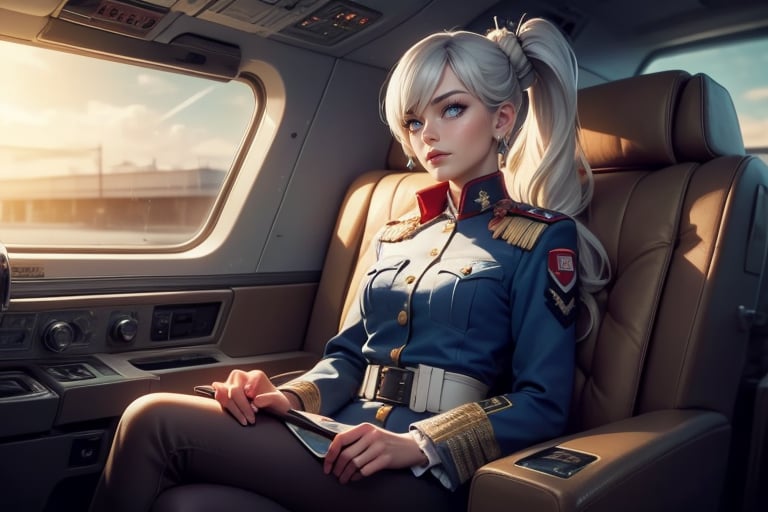 masterpiece,best quality, highly detailed, weiss schnee, scar across eye, long white hair, side ponytail, cowboy shot, she is wearing a military uniform, sitting with military officer in private jet,  other military officers are present (volumetric lighting), intricate details, tonemapping, sharp focus, hyper detailed poakl,