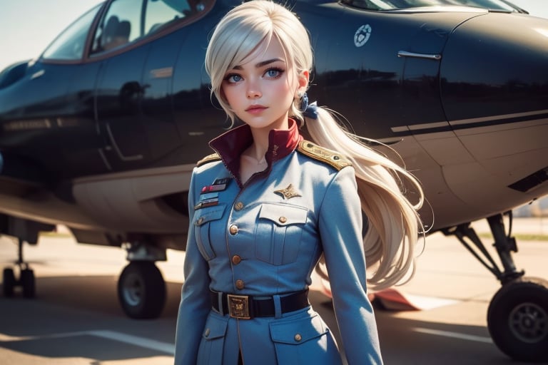 masterpiece,best quality, highly detailed, weiss schnee, scar across eye, long white hair, side ponytail, cowboy shot, she is wearing a military uniform, standing with female military officer in front of private jet,  other military officers are present (volumetric lighting), intricate details, tonemapping, sharp focus, hyper detailed poakl,