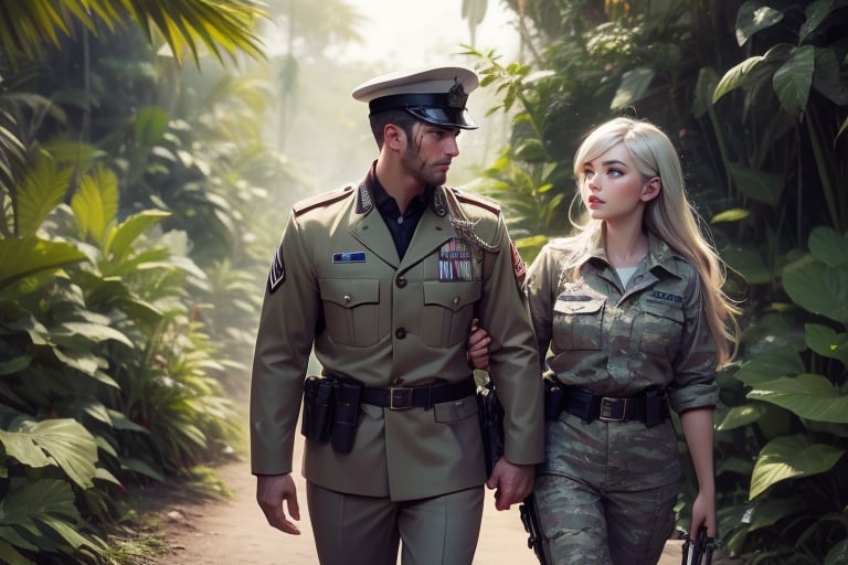  masterpiece,best quality, highly detailed, weiss schnee,1girl,solo,scar across eye,  cowboy shot, wearing khaki military uniform, walking with fellow officer in tropical rainforest, lush vegitation, other military officers with weapons (volumetric lighting), intricate details, tonemapping, sharp focus, hyper detailed poakl, 