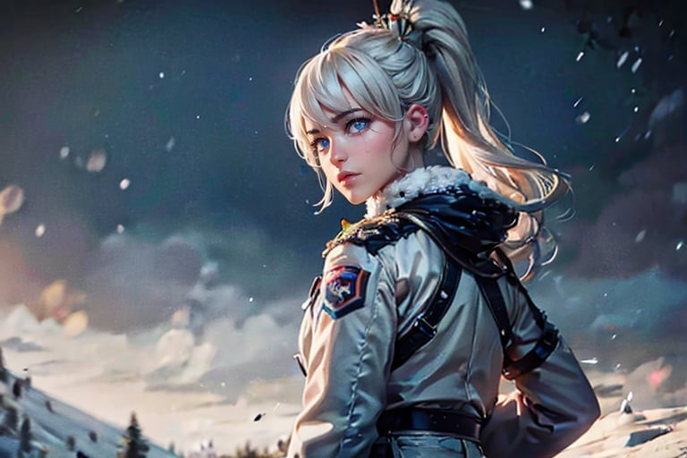 masterpiece,best quality, highly detailed, weiss schnee, scar across eye, (long white hair, side ponytail), viewer looking from behind, cowboy shot, she is wearing a white coat over military uniform, patrolling with black haired female military officer on snow covered mountain slope, near ski lodge, other military officers are present, crowd, (volumetric lighting), intricate details, tonemapping, sharp focus, hyper detailed poakl,