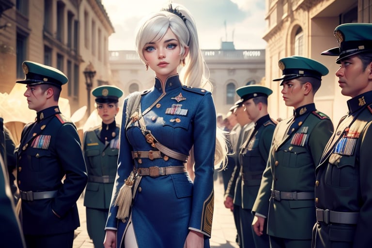 masterpiece,best quality, highly detailed, weiss schnee, scar across eye, long white hair, side ponytail, cowboy shot, looking at viewer, ((she is wearing a military uniform, standing next to fellow officer)), standing outside,  palace, military guests arriving, crowd, (volumetric lighting), intricate details, tonemapping, sharp focus, hyper detailed poakl,