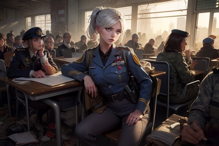 masterpiece,best quality, highly detailed, weiss schnee, scar across eye, long white hair, side ponytail, cowboy shot, ((she is wearing a military uniform, sitting next to female officer)), sitting on chairs, looking at lecturer in collapsed school building, classroom, desks, bonfire, rubble, other officers present, crowd, post-apocalypse, dystopian future, (volumetric lighting), intricate details, tonemapping, sharp focus, hyper detailed poakl,