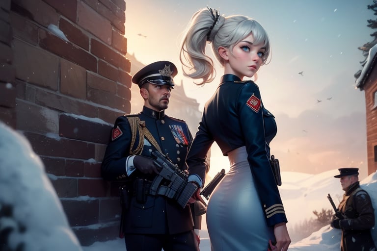 masterpiece,best quality, highly detailed, weiss schnee, scar across eye, long white hair, side ponytail, cowboy shot, viewer looking from behinds, she is armed and  wearing a military uniform, with officer who has short black hair, walking on snow covered great wall of china, other military officers are present, crowd, (volumetric lighting), intricate details, tonemapping, sharp focus, hyper detailed poakl,