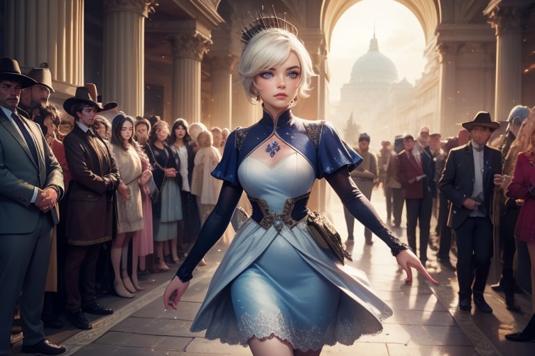  masterpiece,best quality, highly detailed, weiss schnee,1girl,solo,scar across eye,  cowboy shot, walking in palace grounds, crowd, (volumetric lighting), intricate details, tonemapping, sharp focus, hyper detailed poakl, 