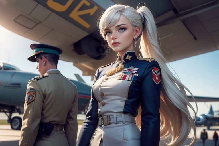 masterpiece,best quality, highly detailed, weiss schnee, scar across eye, long white hair, side ponytail, cowboy shot, she is wearing a military uniform, standing with female military officer in front of private jet,  other military officers are present (volumetric lighting), intricate details, tonemapping, sharp focus, hyper detailed poakl,