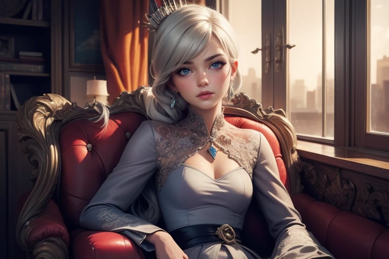  masterpiece,best quality, highly detailed, weiss schnee,1girl,solo,scar across eye,  cowboy shot, sitting modestly in penthouse suite, (volumetric lighting), intricate details, tonemapping, sharp focus, hyper detailed poakl, 