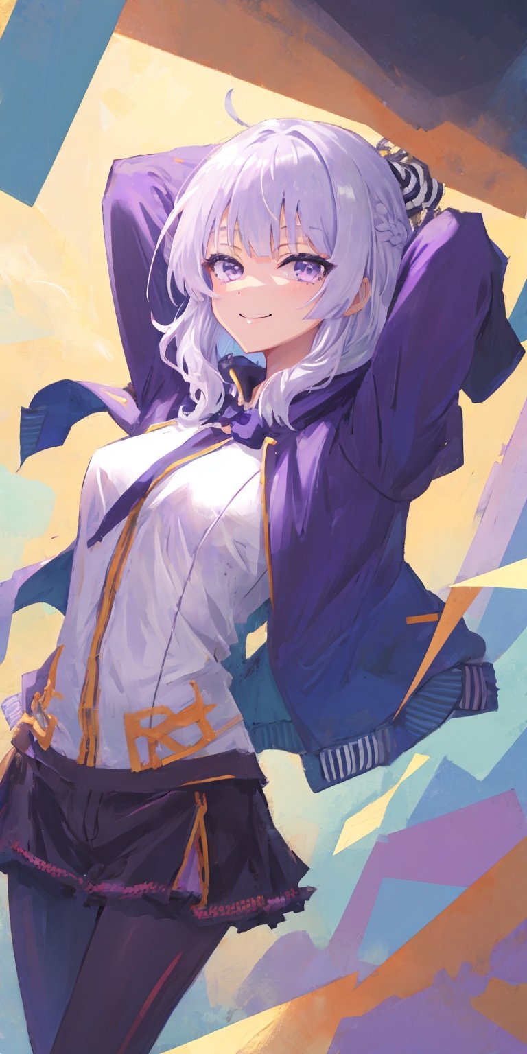 (masterpiece), best quality, ultra-detailed, illustration, 1girl, solo, floating hairs, vestiadef, wallpaper, 1girl, teen, aaarisu, aaarisu
medium hair, braid, blunt bangs, small_breasts, looking_at_viewer, white_hair, light_purple_eyes, hooded_jacket, floating_hair,aaarisu, medium hair, smile, showing_armpits, hand on back.