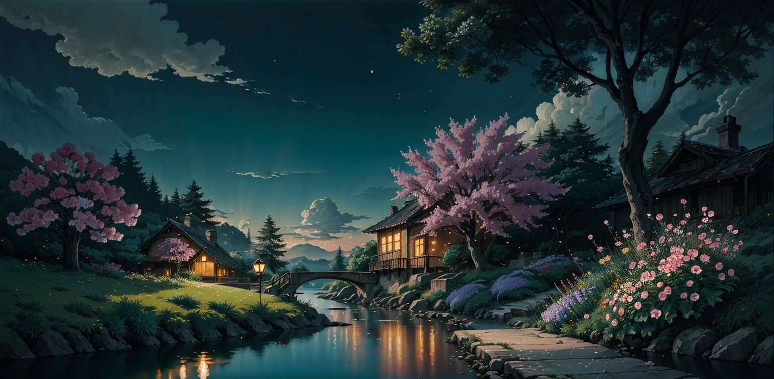 A plain, river side, tree, flower, light_particles,  canopy light, amazing sky, detalied_background, complicated, studio ghibli style painting, 