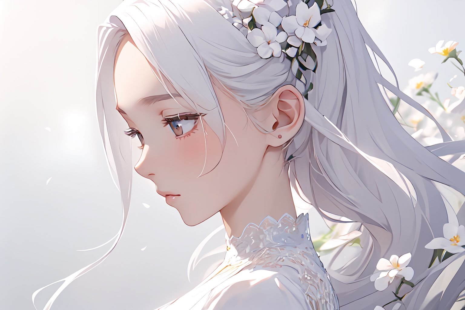 masterpiece, best quality, extremely detailed, Animated character, Female profile, Delicate features, Flowers in hair,Serene expression, Slightly downcast eyes, Soft skin texture, Ear visible, White attire, Subtle gradient background, High resolution, Realistic rendering.