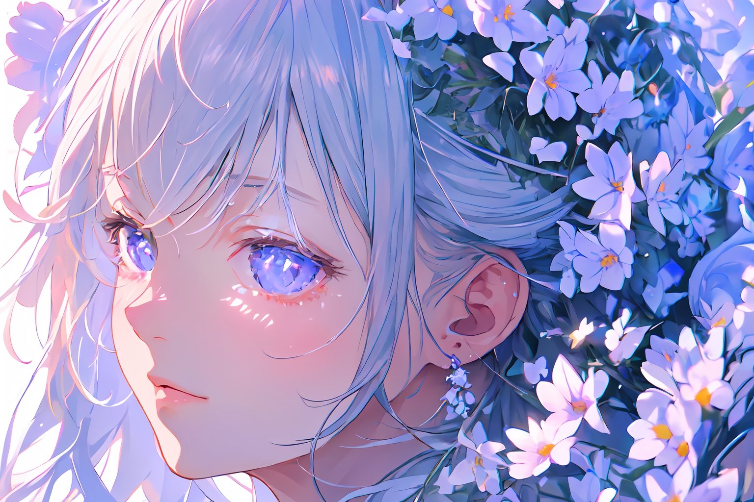 masterpiece, best quality, extremely detailed, Animated character, Female profile, Delicate features, Flowers in hair,Serene expression, Slightly downcast eyes, Soft skin texture, Ear visible, White attire, Subtle gradient background, High resolution, Realistic rendering.