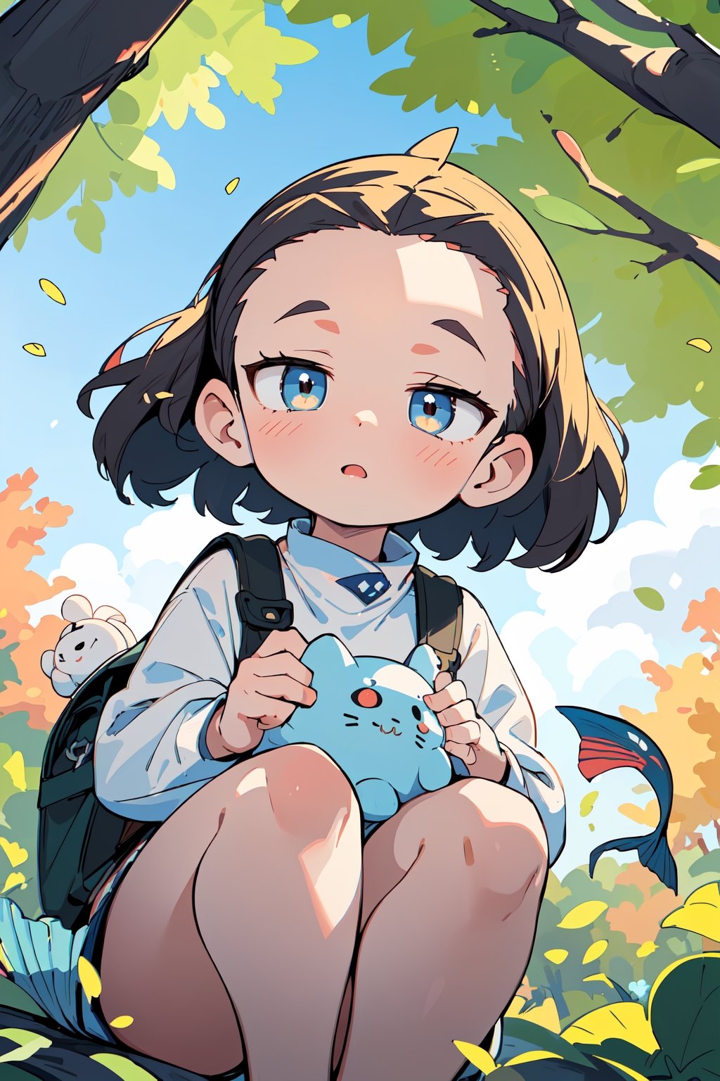 (masterpiece, absurdres, highres, ultra detailed:1.2), cute illustration, kawaii, (fuwafuwa ilustration:1.4),
BREAK
1 girl, (forehead:1.5), Under a tree with autumn leaves and a blue sky, looking up, (cute fish;1.2) flying in the sky