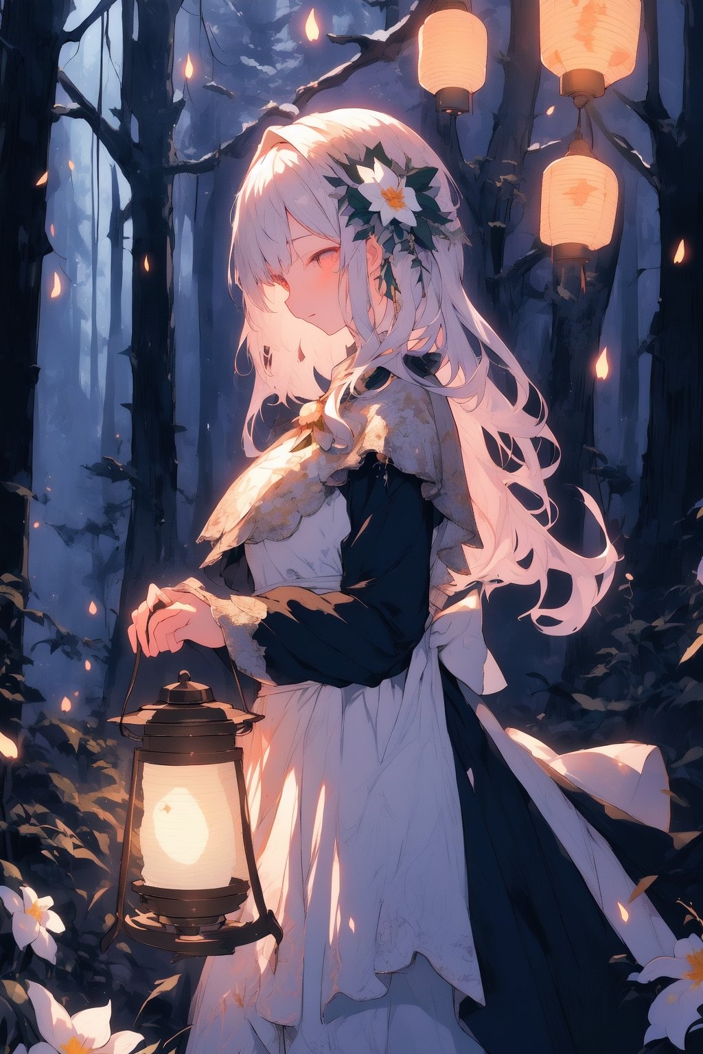 deep forest, aesthetic, flower feilds, moonlight, film lighting, high_resolution, (high_quality), best quality, figure holding a lantern, anbient lighting, long_sleeves, hair_past_waist, crhistmas notes, pauldron 