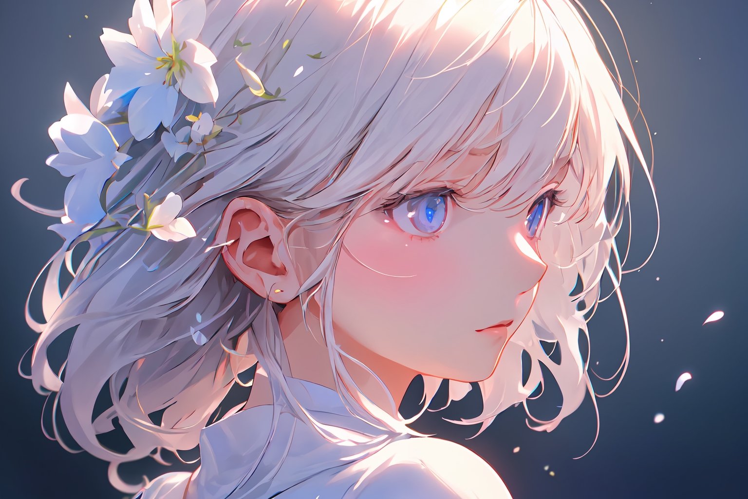 masterpiece, best quality, extremely detailed, Animated character, Female profile, Delicate features, Flowers in hair,Serene expression, Slightly downcast eyes, Soft skin texture, Ear visible, White attire, Subtle gradient background, High resolution, Realistic rendering.