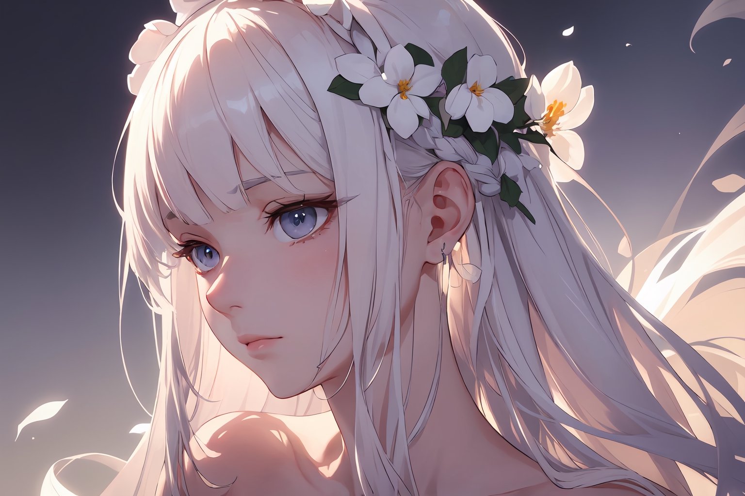 masterpiece, best quality, extremely detailed, Animated character, Female profile, Delicate features, Flowers in hair,Serene expression, Slightly downcast eyes, Soft skin texture, Ear visible, White attire, Subtle gradient background, High resolution, Realistic rendering.