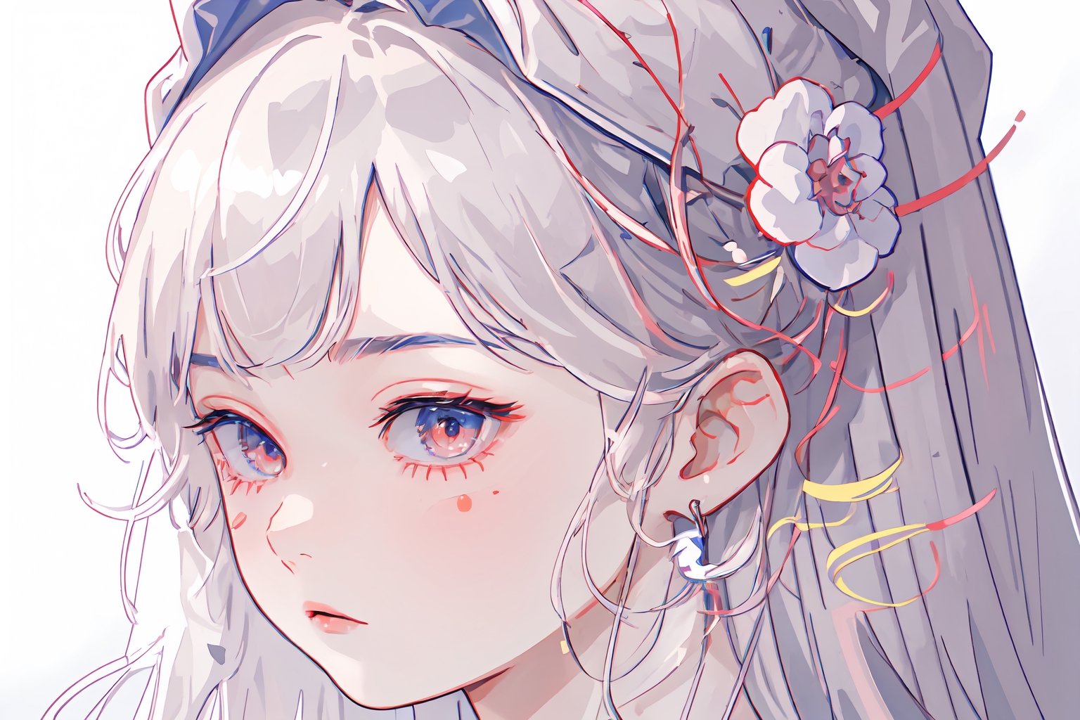 masterpiece, best quality, extremely detailed, Animated character, Female profile, Delicate features, Flowers in hair,Serene expression, Slightly downcast eyes, Soft skin texture, Ear visible, White attire, Subtle gradient background, High resolution, Realistic rendering.