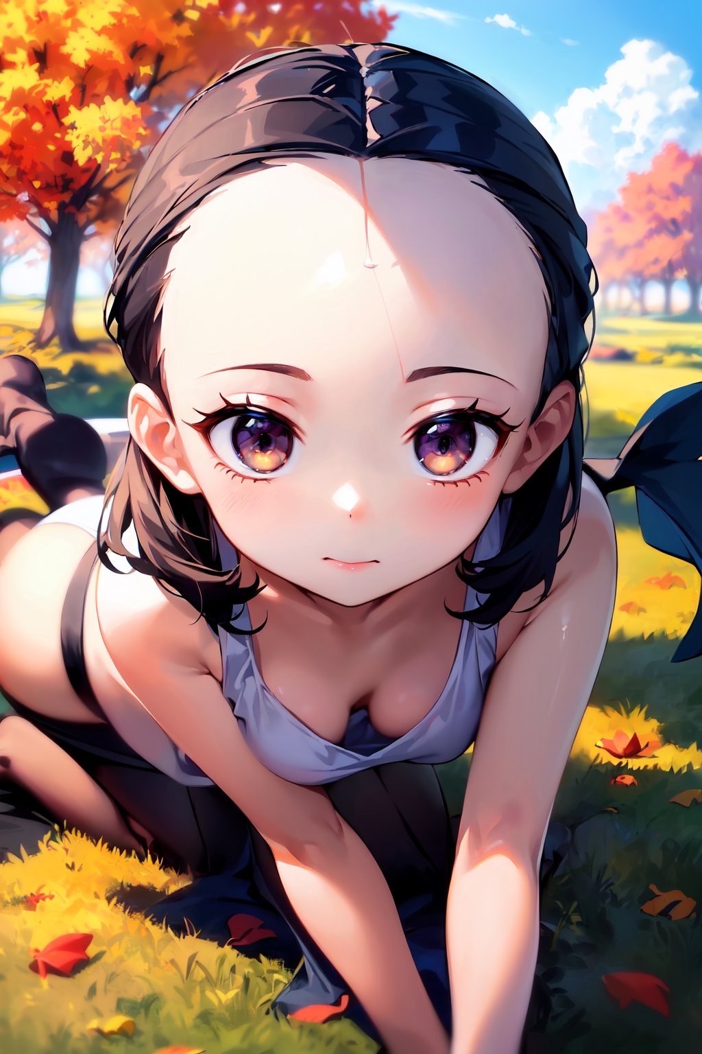 (masterpiece, absurdres, highres, ultra detailed:1.2), cute illustration, kawaii, (fuwafuwa ilustration:1.4),
BREAK
1 girl, (forehead:1.5), Under a tree with autumn leaves and a blue sky, looking up, (cute fish;1.2) flying in the sky