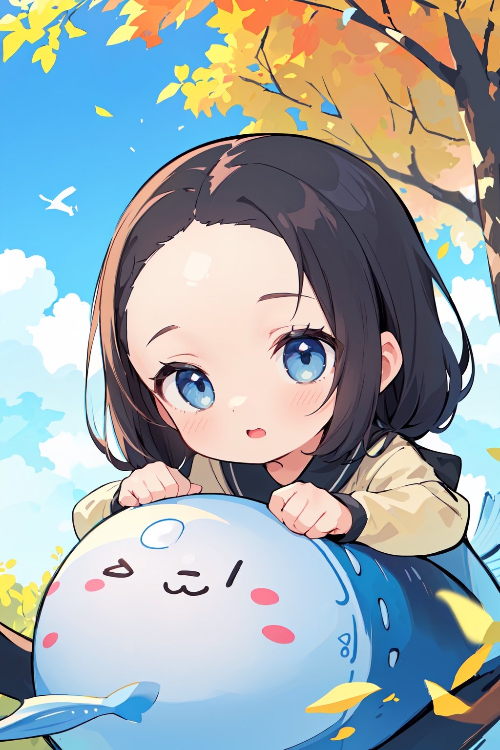 (masterpiece, absurdres, highres, ultra detailed:1.2), cute illustration, kawaii, (fuwafuwa ilustration:1.4),
BREAK
1 girl, (forehead:1.5), Under a tree with autumn leaves and a blue sky, looking up, (cute fish;1.2) flying in the sky