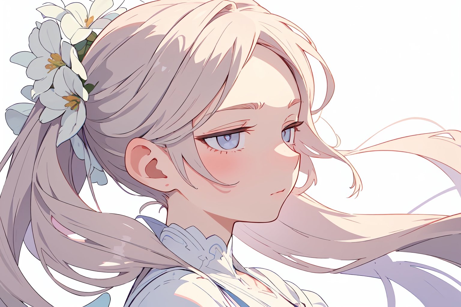 masterpiece, best quality, extremely detailed, Animated character, Female profile, Delicate features, Flowers in hair,Serene expression, Slightly downcast eyes, Soft skin texture, Ear visible, White attire, Subtle gradient background, High resolution, Realistic rendering.