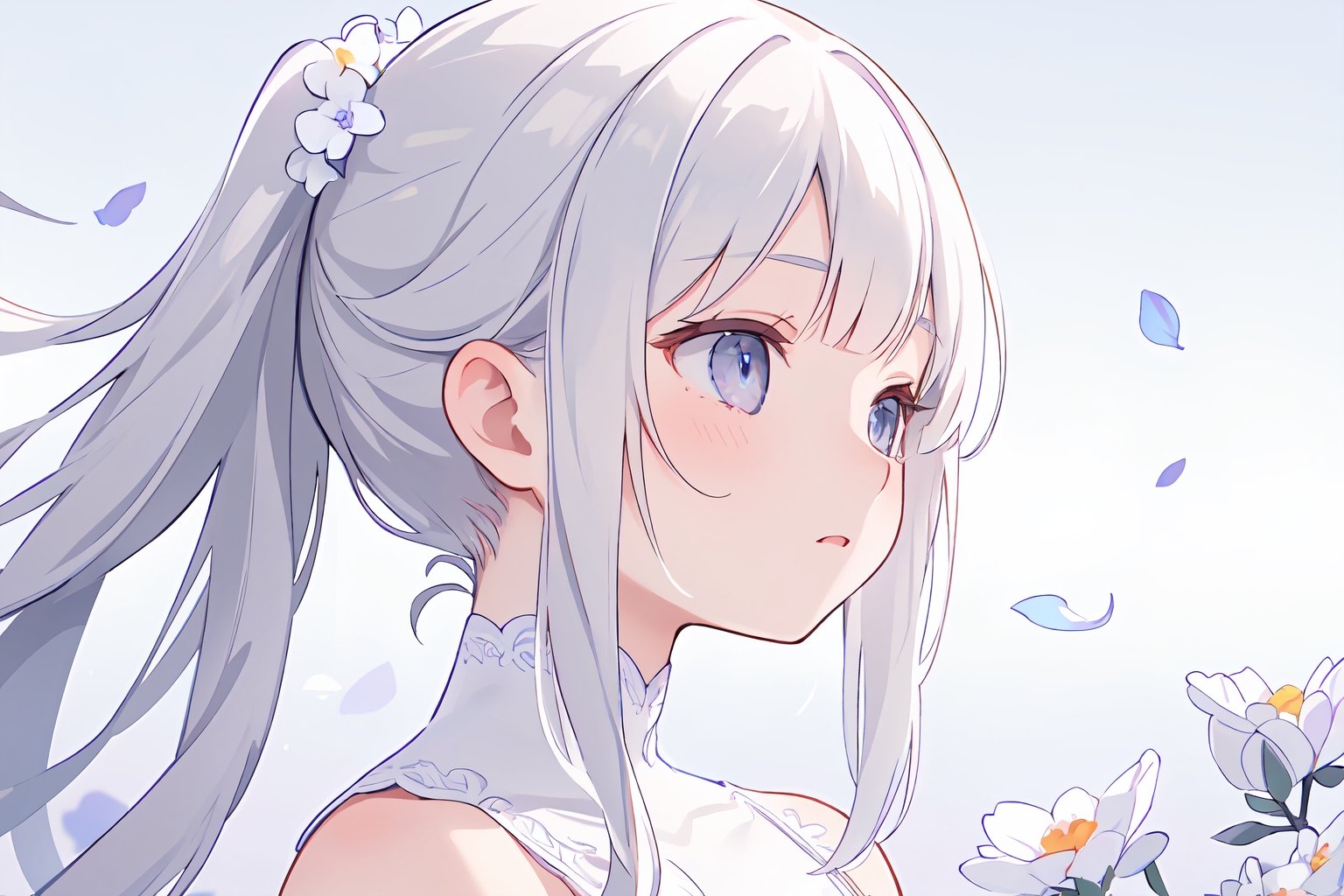 masterpiece, best quality, extremely detailed, Animated character, Female profile, Delicate features, Flowers in hair,Serene expression, Slightly downcast eyes, Soft skin texture, Ear visible, White attire, Subtle gradient background, High resolution, Realistic rendering.