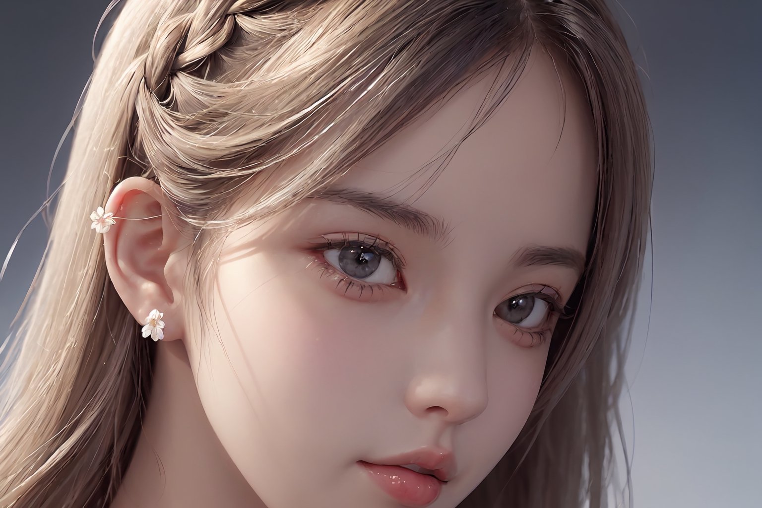 masterpiece, best quality, extremely detailed, Animated character, Female profile, Delicate features, Flowers in hair,Serene expression, Slightly downcast eyes, Soft skin texture, Ear visible, White attire, Subtle gradient background, High resolution, Realistic rendering.