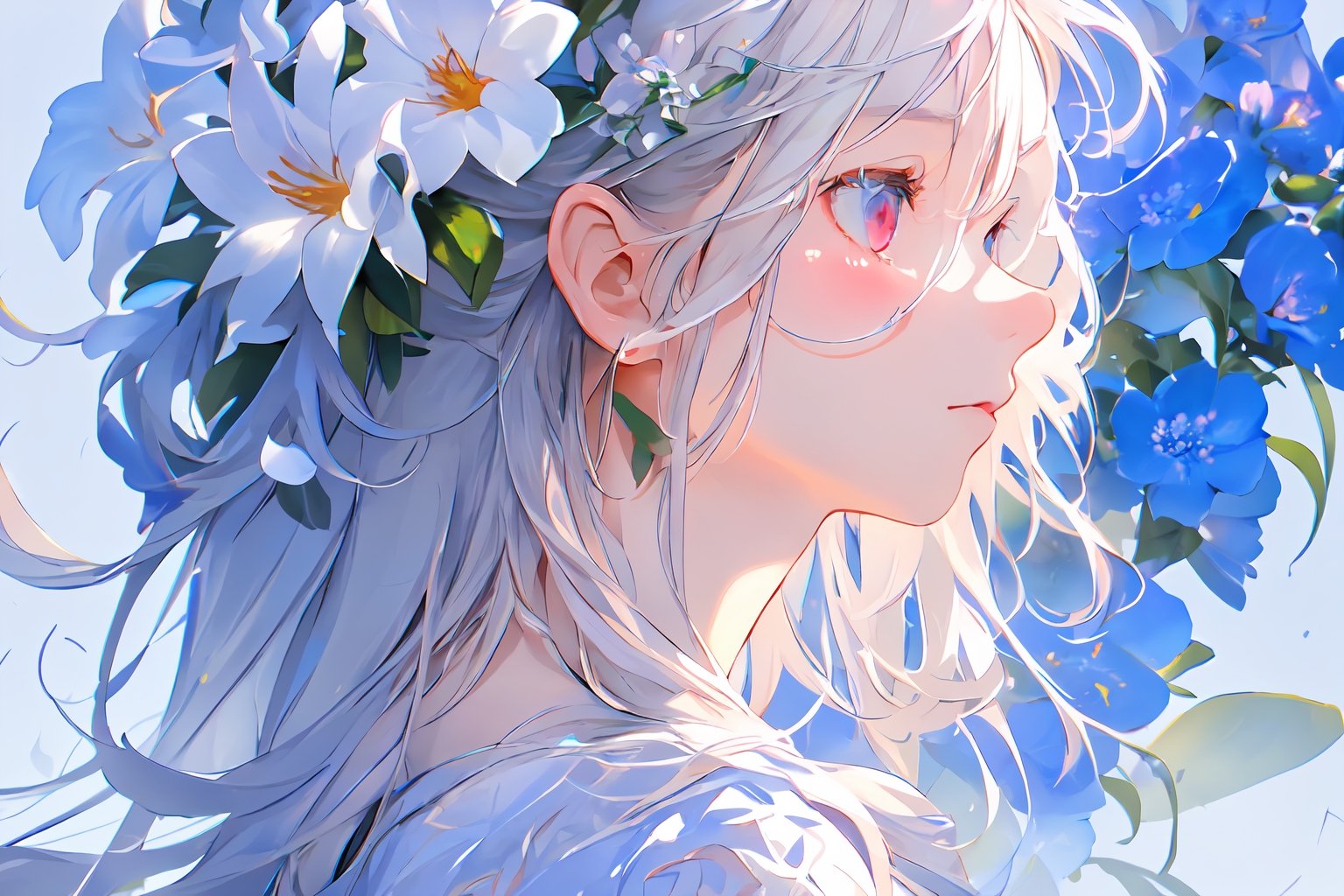 masterpiece, best quality, extremely detailed, Animated character, Female profile, Delicate features, Flowers in hair,Serene expression, Slightly downcast eyes, Soft skin texture, Ear visible, White attire, Subtle gradient background, High resolution, Realistic rendering.