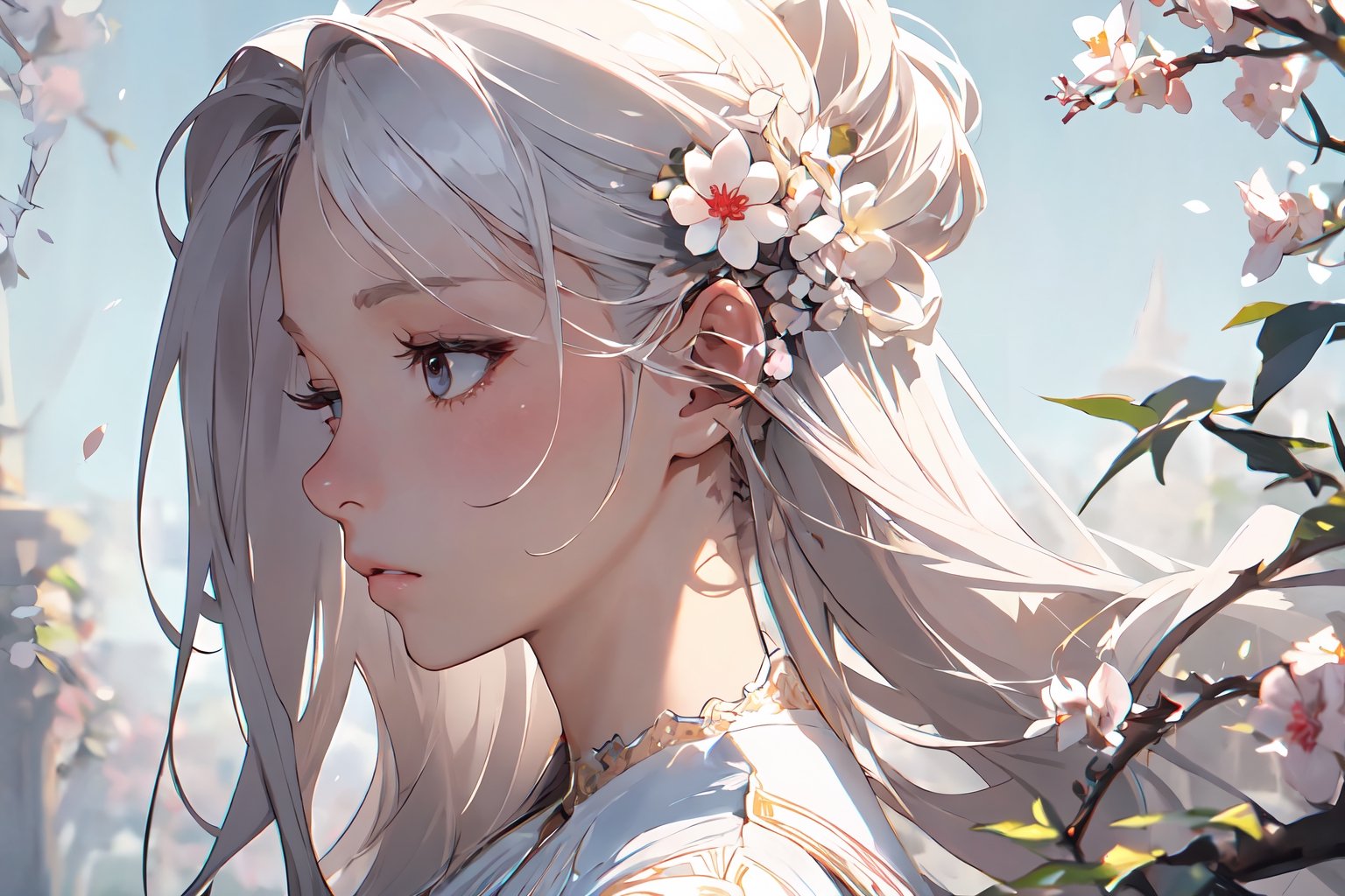 masterpiece, best quality, extremely detailed, Animated character, Female profile, Delicate features, Flowers in hair,Serene expression, Slightly downcast eyes, Soft skin texture, Ear visible, White attire, Subtle gradient background, High resolution, Realistic rendering.