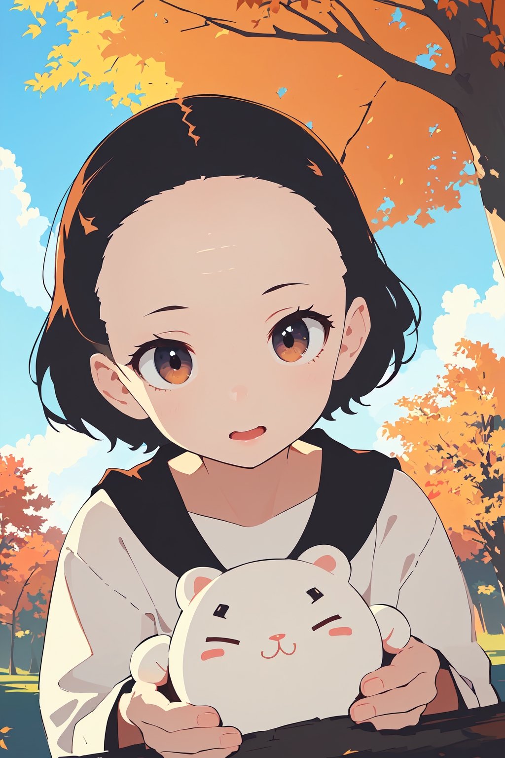 (masterpiece, absurdres, highres, ultra detailed:1.2), cute illustration, kawaii, (fuwafuwa ilustration:1.4),
BREAK
1 girl, (forehead:1.5), Under a tree with autumn leaves and a blue sky, looking up, (cute fish;1.2) flying in the sky