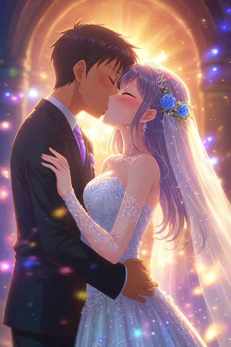 Hetero wedding kiss. Best quality score_9 with intricately detailed lighting and very aesthetic vivid colors in an anime style.