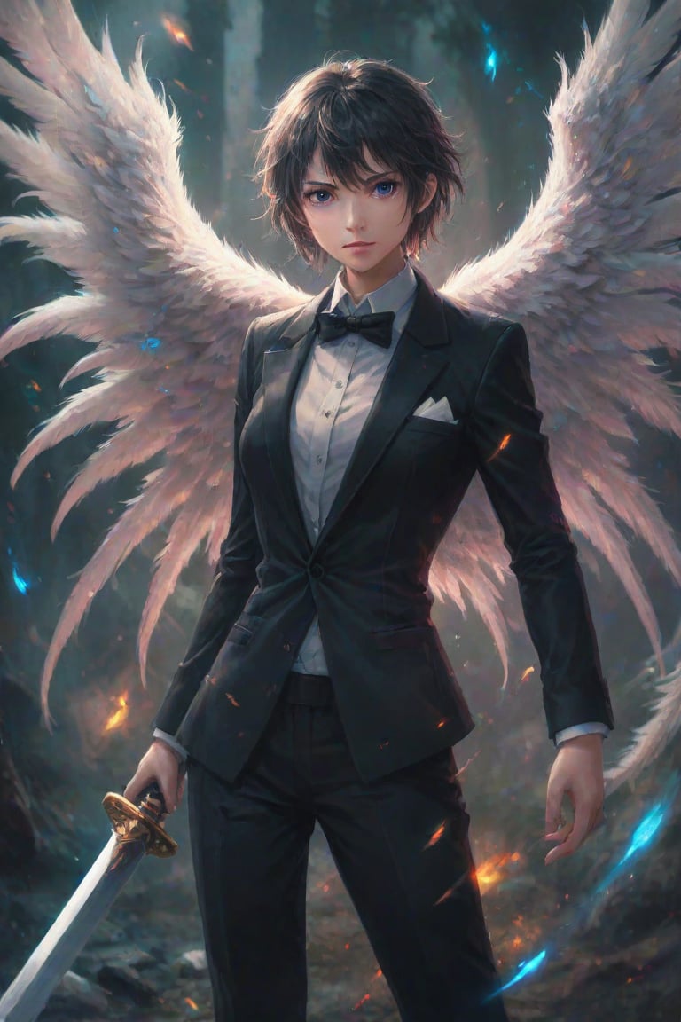 Angel in a black tuxedo with feathery wings holding a sword. Best quality score_9 with very aesthetic vivid colors in a st...