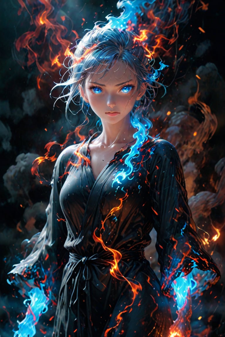 fire element. A blue fire woman (composed of fire elements:1.2) in a black bath robe. Best quality score_9 with very aesthetic vivid colors in a (realistic:0.9) (anime:1.1) style.