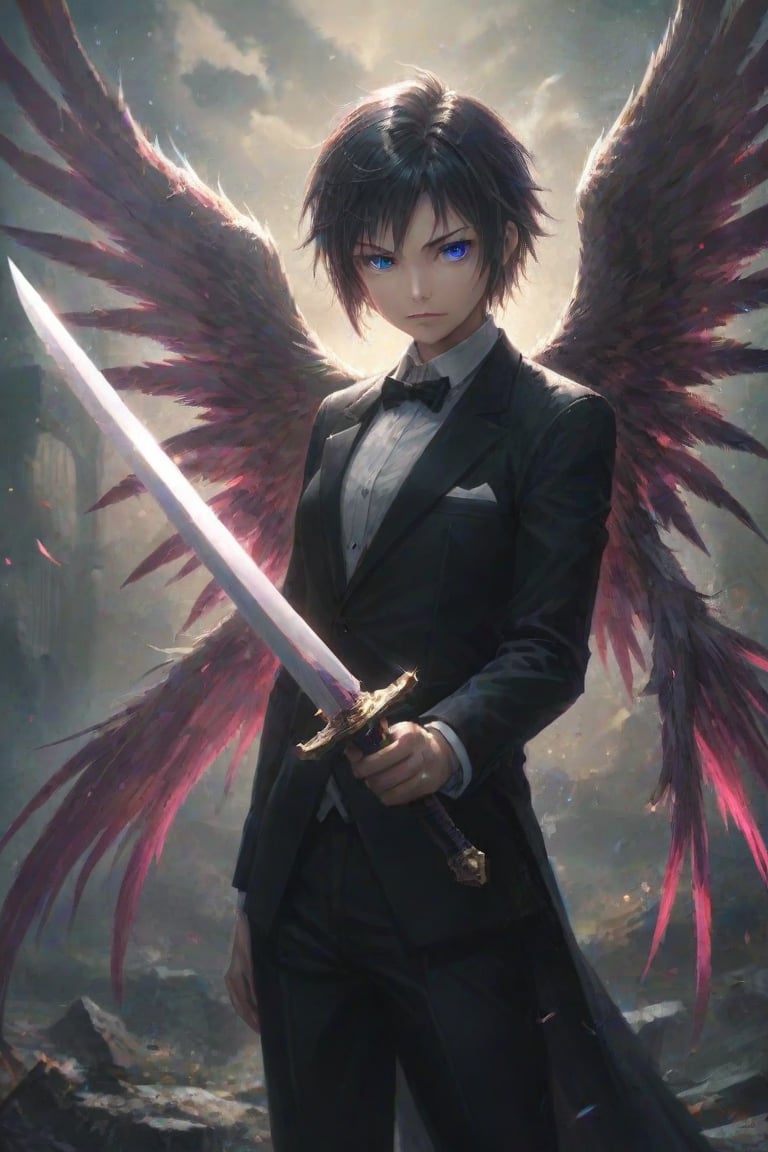 Angel in a black tuxedo with feathery wings holding a sword. Best quality score_9 with very aesthetic vivid colors in a st...
