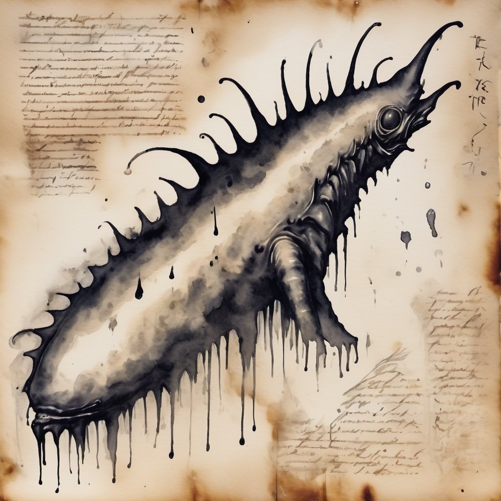 Ink stained wash painting of an unintelligible alien creature unfathomable to the human mind. The creature has large fins...