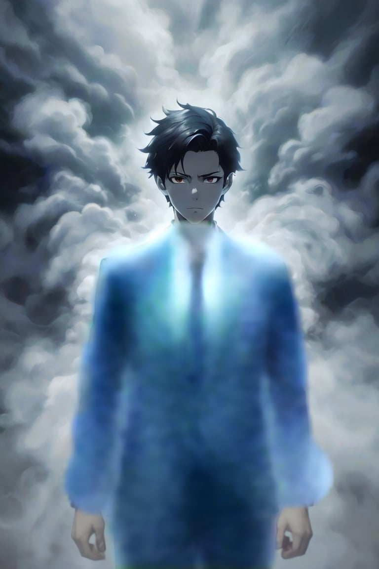 Misty fog suit. A young man wearing a suit made out of fog. Supernatural and uncanny background. Best quality score_9, with insane details and deep colors in a realistic anime style.