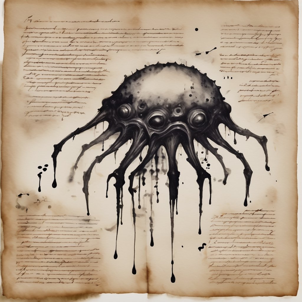Ink stained wash painting of an unintelligible alien creature unfathomable to the human mind. The creature has strange fin...