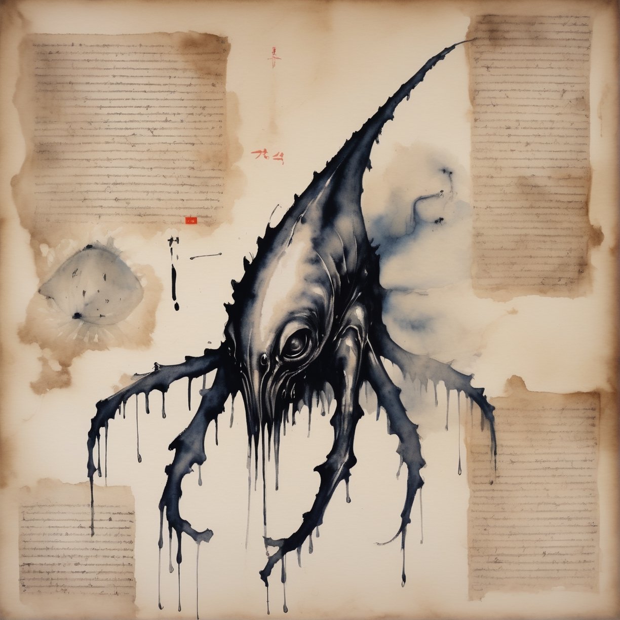 Ink stained wash painting of an unintelligible alien creature unfathomable to the human mind. The creature has large fins...