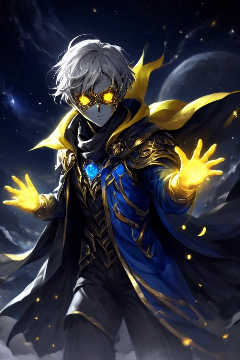 SelectiveColorStyle, 2colorpop silver yellow royal blue. A man with short grey blond hair and a gilded mask and cloak, using glowing starlight magic in a dynamic pose facing the camera. Night background with starry skies and moons. Best quality score_9, with insane details and vibrant colors in a realistic anime style.