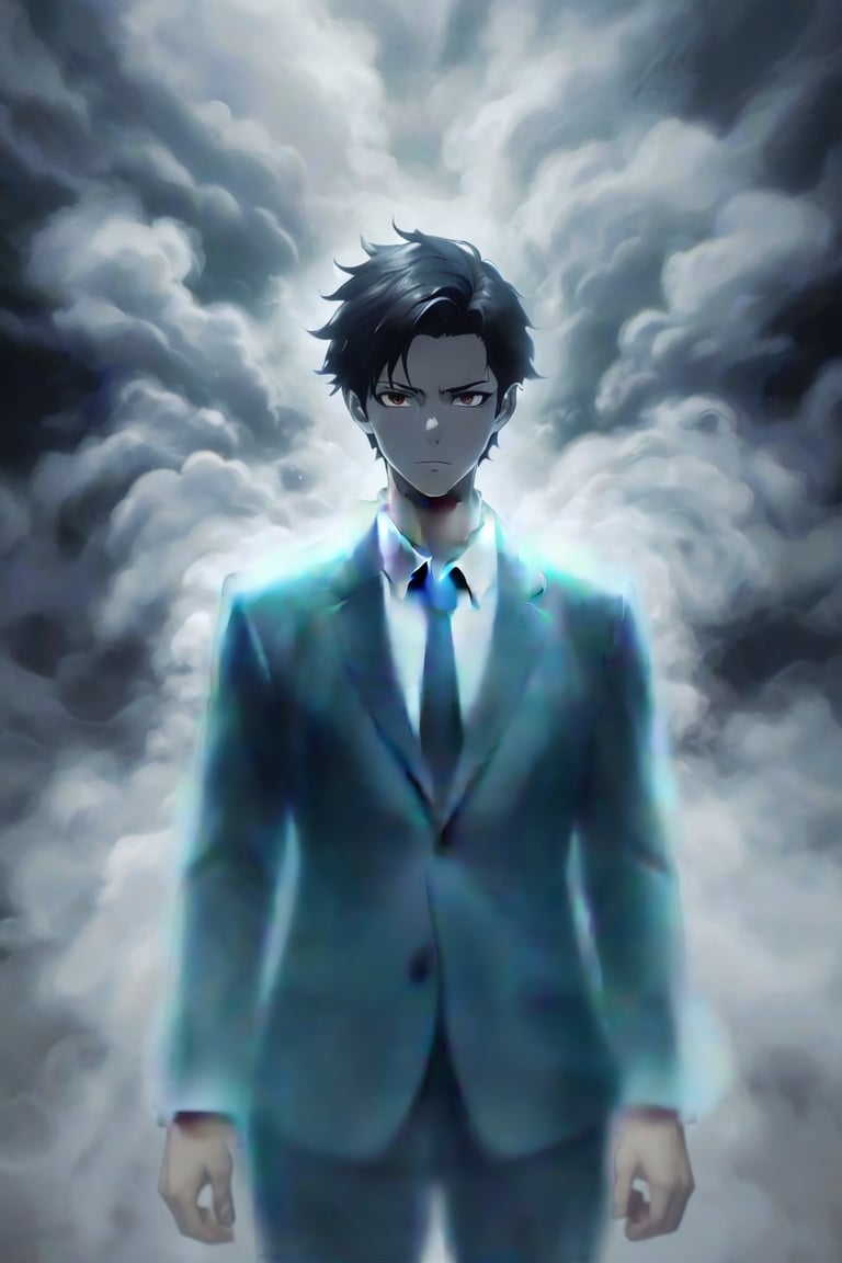 Misty fog suit. A young man wearing a suit made out of fog. Supernatural and uncanny background. Best quality score_9, with insane details and deep colors in a realistic anime style.