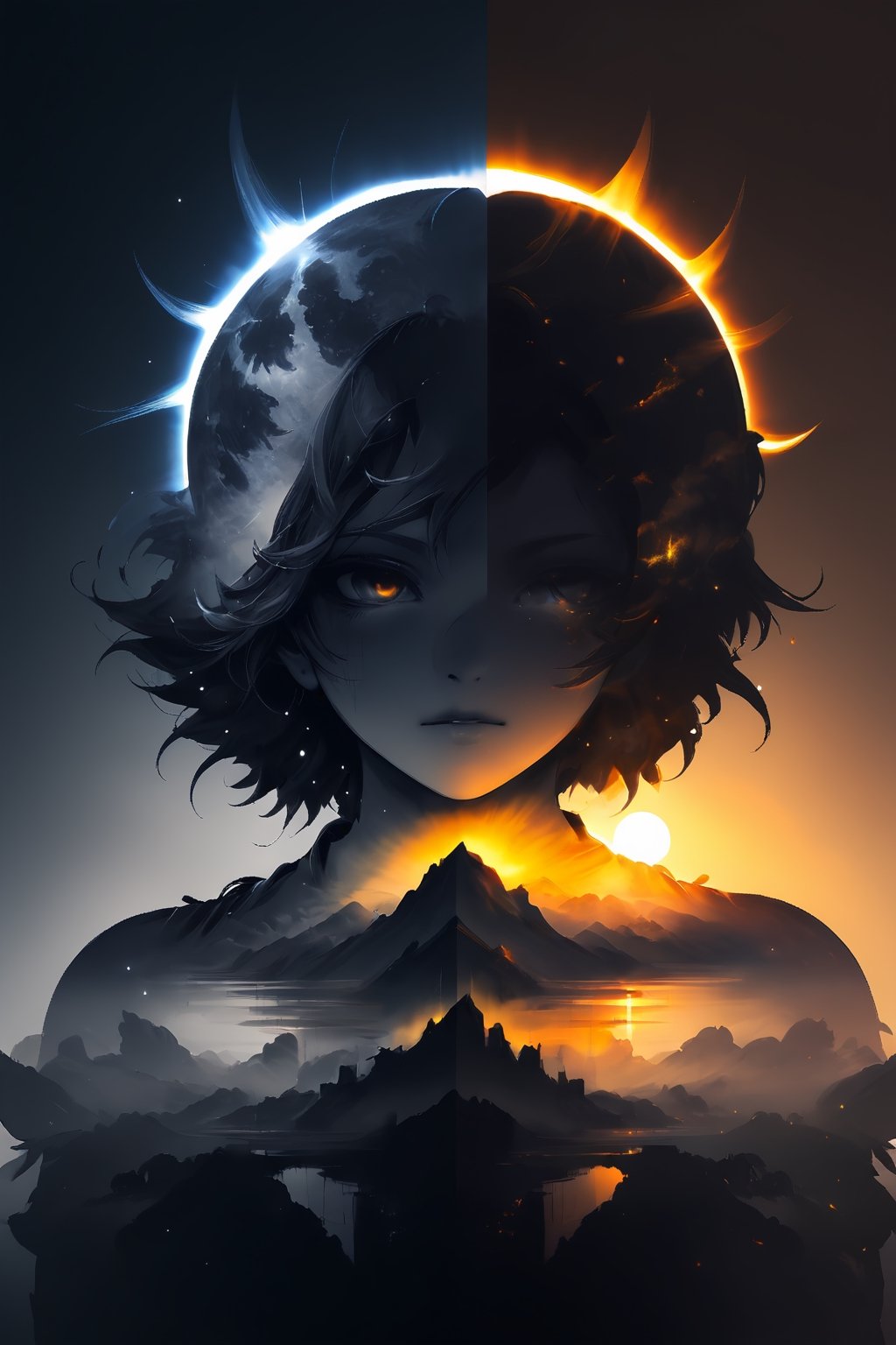 SelectiveColorStyle, 2colorpop gold and silver. A majestic double exposure eclipse, moonfall, sunrise. Highest quality with insane detail in a fantastical anime style. Silhouette of a sunburst in a double exposure style.