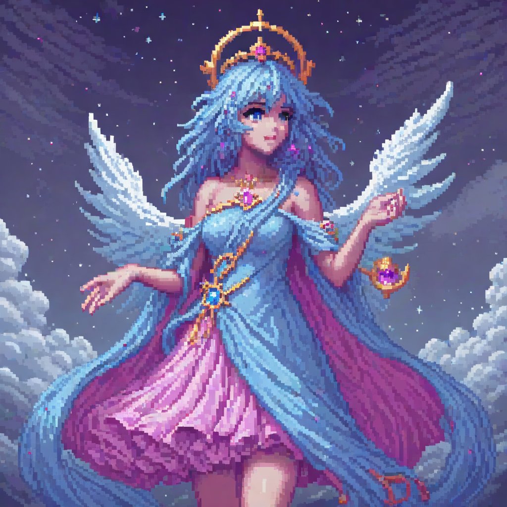 SelectiveColorStyle, 2colorpop pink and blue. Pixel art of a cloud goddess. Starry clouds background. Best quality score_9 with very aesthetic vivid colors in a (realistic:0.9) (anime:1.1) style.