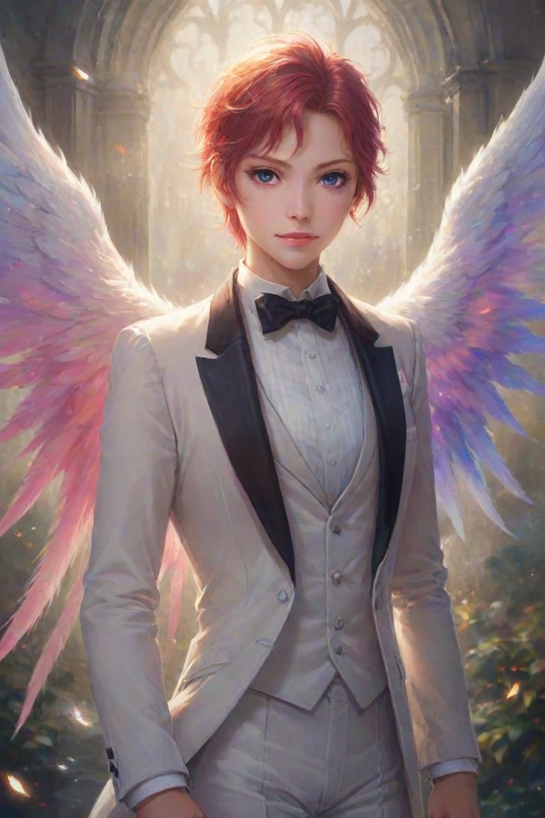 Angel in a tuxedo with feathery wings. Best quality score_9 with very aesthetic vivid colors in a style. by Starstriker on...