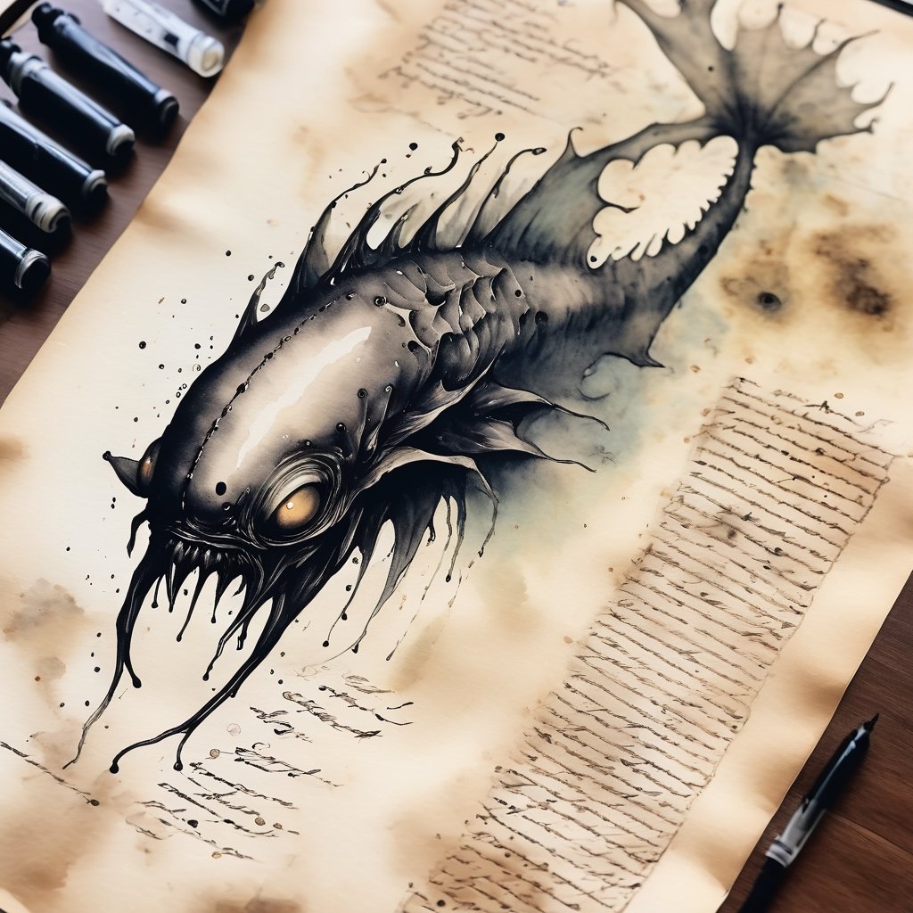 Ink stained wash painting of an unintelligible alien creature unfathomable to the human mind. The creature has large fins...